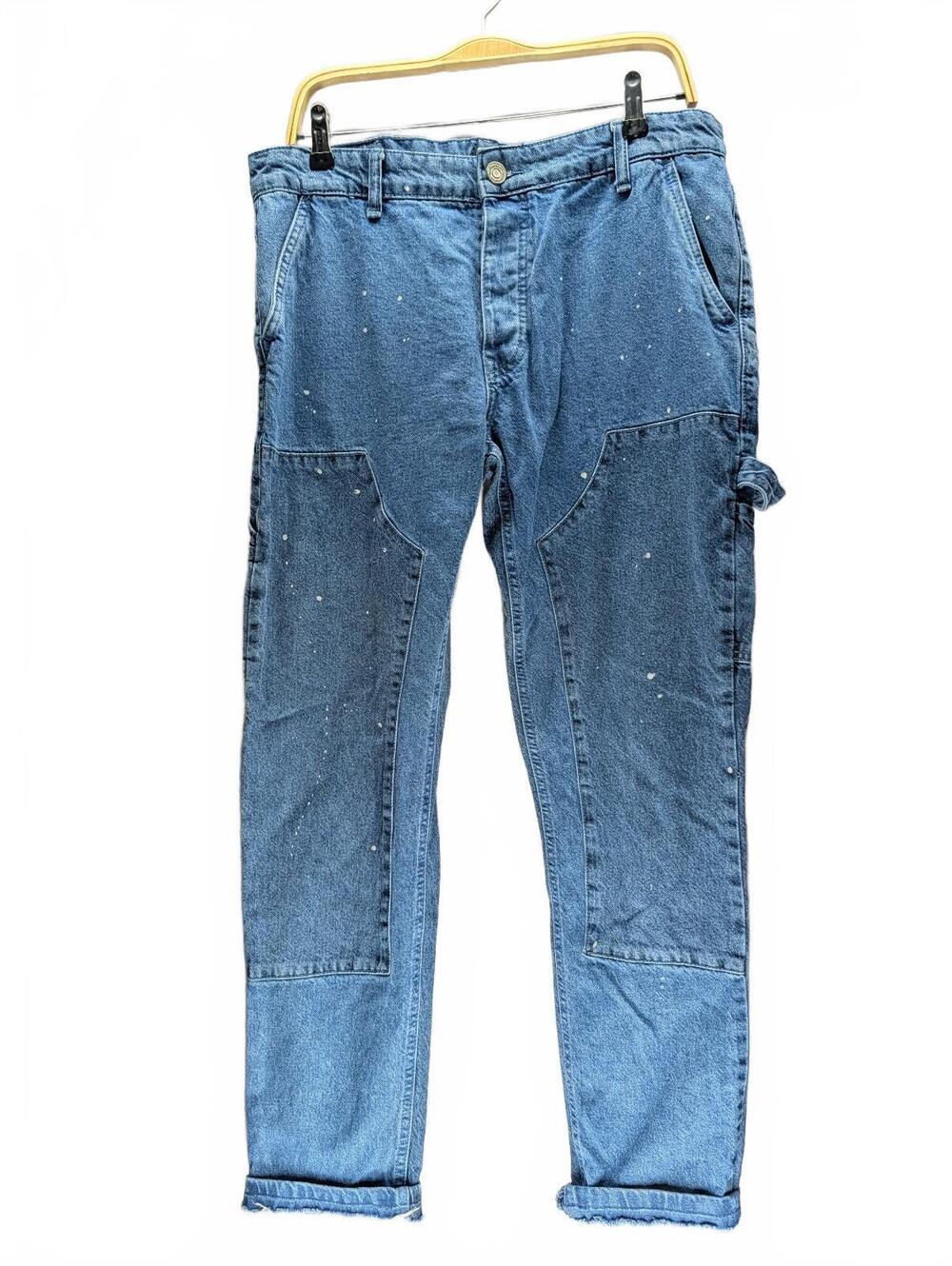 BoohooMAN Men Blue Denim Carpenter Jeans w/ Paint Accent 34